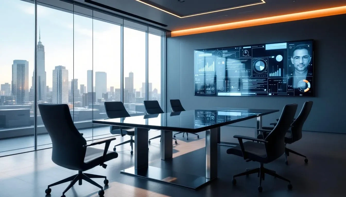 The image depicts a modern interview room equipped with multiple screens and collaborative technology, designed to facilitate the interview process for job seekers and hiring managers. This setup emphasizes the importance of soft skills and communication, enhancing the candidate's ability to engage effectively during job interviews.